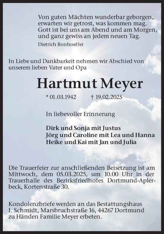 Traueranzeige von Hartmut Meyer von Ruhr Nachrichten