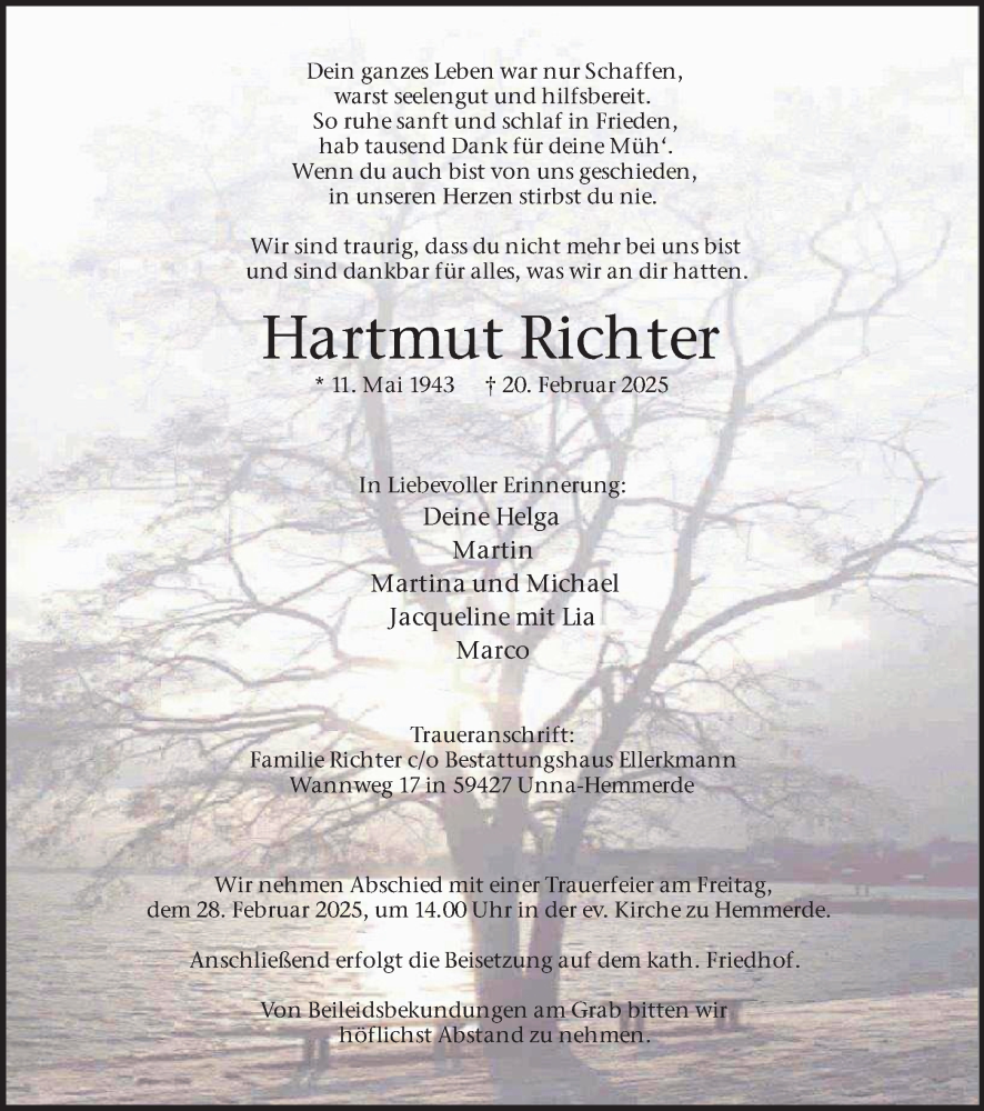  Traueranzeige für Hartmut Richter vom 24.02.2025 aus Hellweger Anzeiger