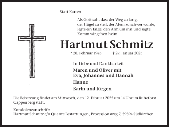 Traueranzeige von Hartmut Schmitz von Ruhr Nachrichten