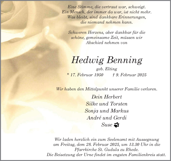 Traueranzeige von Hedwig Benning 