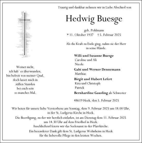Traueranzeige von Hedwig Buesge von Münsterland Zeitung