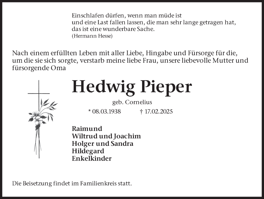  Traueranzeige für Hedwig Pieper vom 22.02.2025 aus Ruhr Nachrichten und Dorstener Zeitung