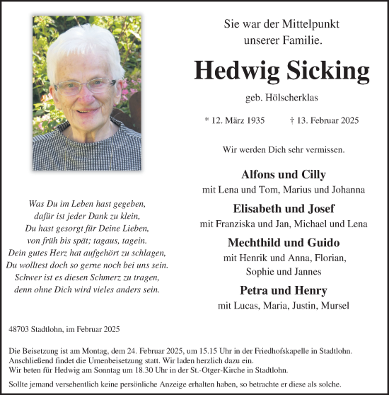 Traueranzeige von Hedwig Sicking von Münsterland Zeitung