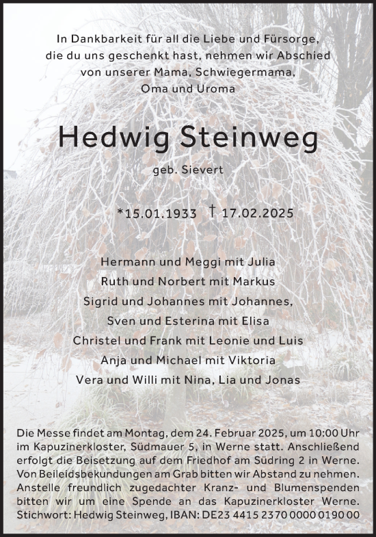 Traueranzeige von Hedwig Steinweg von Ruhr Nachrichten