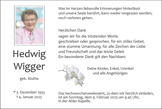 Traueranzeige von Hedwig Wigger von Münsterland Zeitung