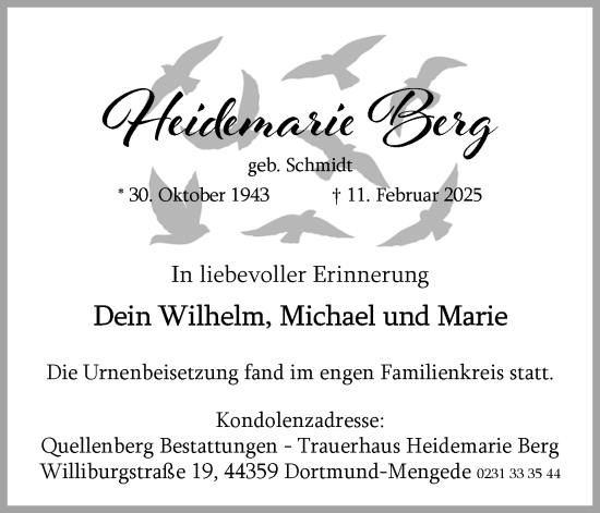 Traueranzeige von Heidemarie Berg von Ruhr Nachrichten