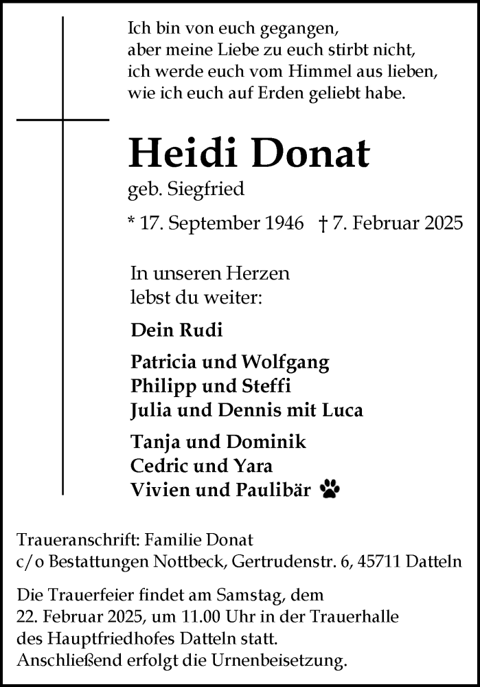  Traueranzeige für Heidi Donat vom 15.02.2025 aus Trauer Vest