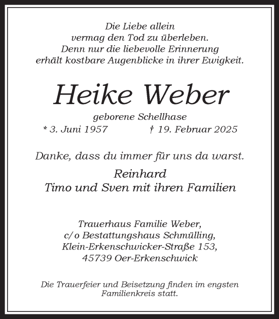 Traueranzeige von Heike Weber von Trauer Vest