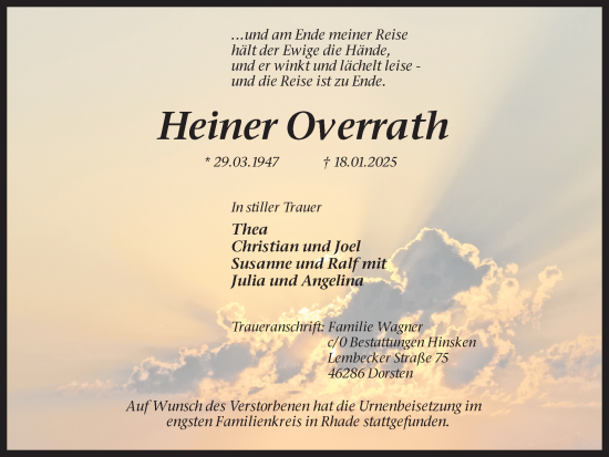 Traueranzeige von Heiner Overrath von Ruhr Nachrichten und Dorstener Zeitung