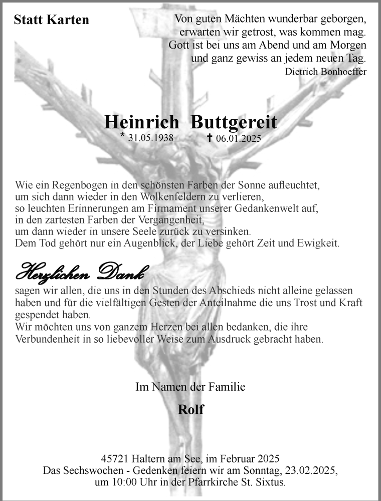  Traueranzeige für Heinrich Buttgereit vom 22.02.2025 aus Ruhr Nachrichten und Halterner Zeitung