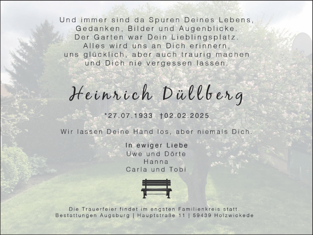  Traueranzeige für Heinrich Düllberg vom 08.02.2025 aus Hellweger Anzeiger