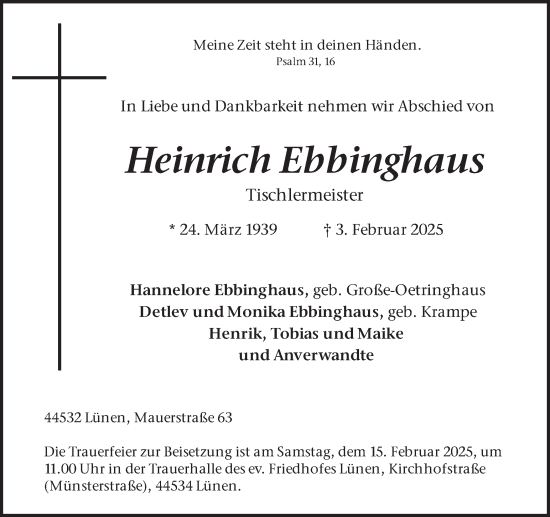 Traueranzeige von Heinrich Ebbinghaus von Ruhr Nachrichten