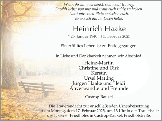 Traueranzeige von Heinrich Haake von Stadtanzeiger Castrop-Rauxel