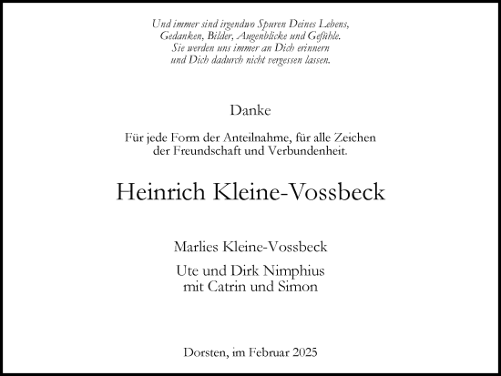 Traueranzeige von Heinrich Kleine-Vossbeck von Ruhr Nachrichten und Dorstener Zeitung