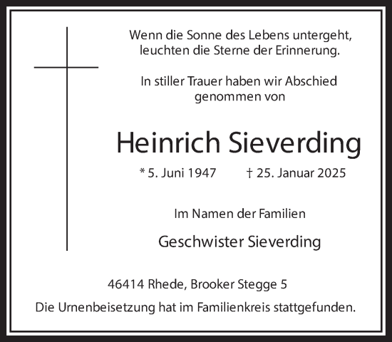 Traueranzeige von Heinrich Sieverding 