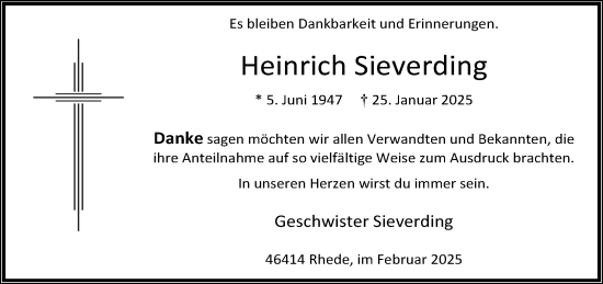 Traueranzeige von Heinrich Sieverding 