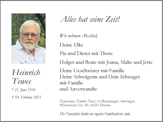 Traueranzeige von Heinrich Tewes von Ruhr Nachrichten und Dorstener Zeitung