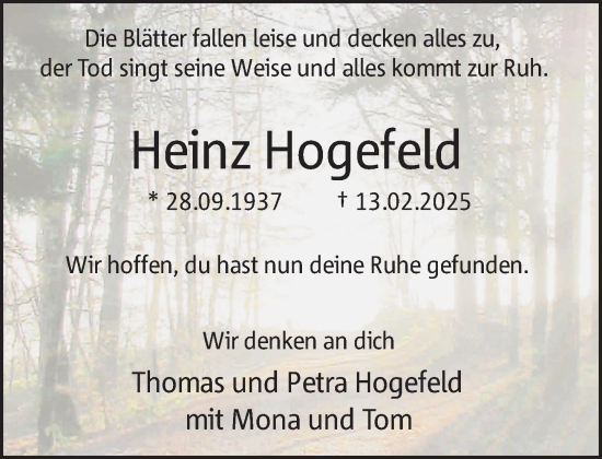 Traueranzeige von Heinz Hogefeld 
