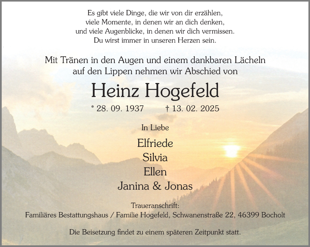  Traueranzeige für Heinz Hogefeld vom 20.02.2025 aus 