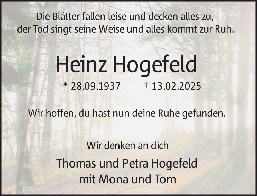  Traueranzeige für Heinz Hogefeld vom 22.02.2025 aus 