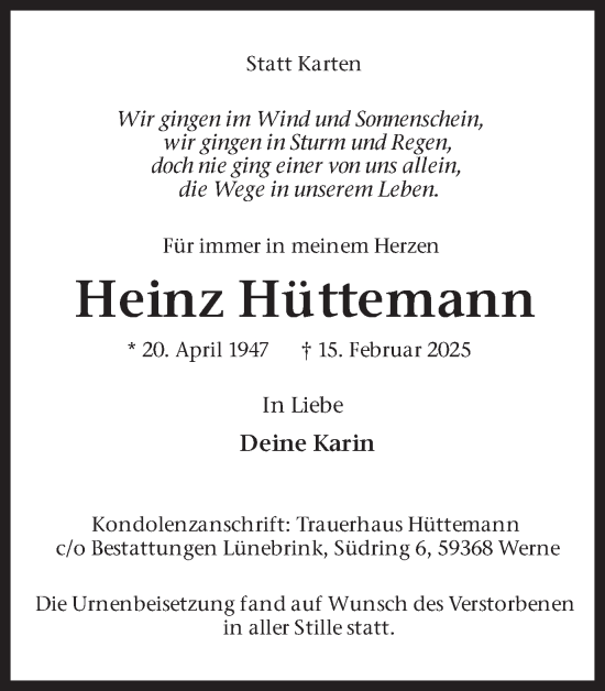 Traueranzeige von Heinz Hüttemann von Ruhr Nachrichten