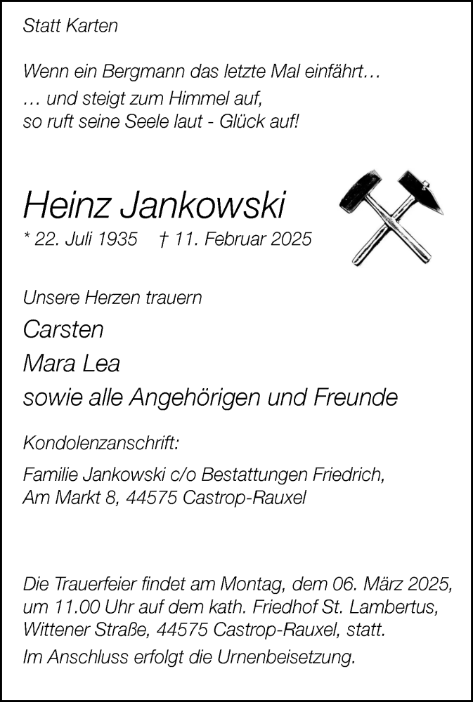  Traueranzeige für Heinz Jankowski vom 22.02.2025 aus Stadtanzeiger Castrop-Rauxel