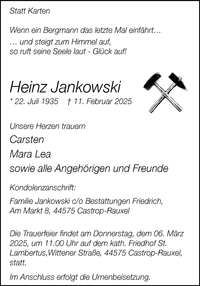  Traueranzeige für Heinz Jankowski vom 01.03.2025 aus Stadtanzeiger Castrop-Rauxel