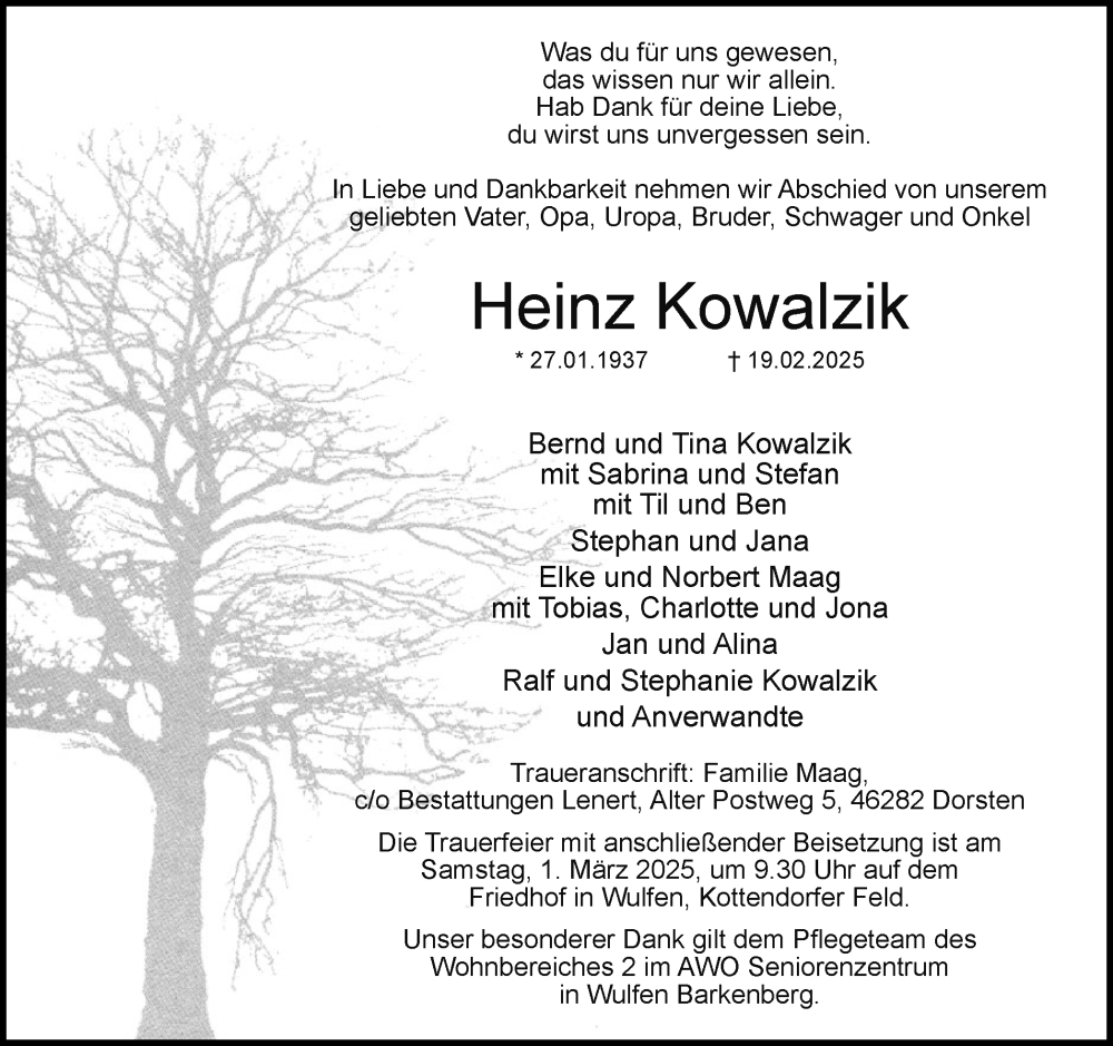  Traueranzeige für Heinz Kowalzik vom 28.02.2025 aus Ruhr Nachrichten und Dorstener Zeitung