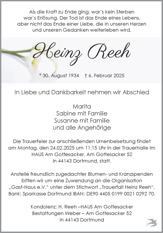 Traueranzeige von Heinz Reeh von Ruhr Nachrichten