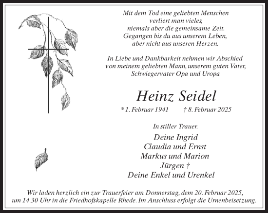 Traueranzeige von Heinz Seidel 