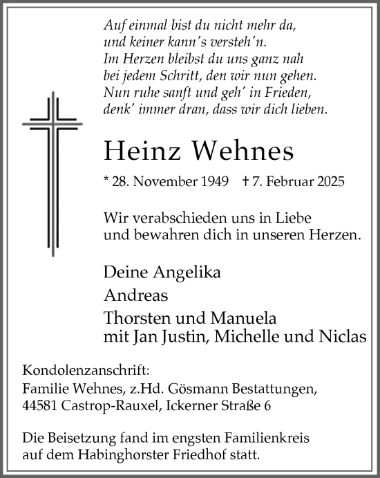 Traueranzeige von Heinz Wehnes von Stadtanzeiger Castrop-Rauxel