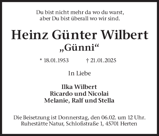 Traueranzeige von Heinz  Wilbert von Ruhr Nachrichten und Dorstener Zeitung