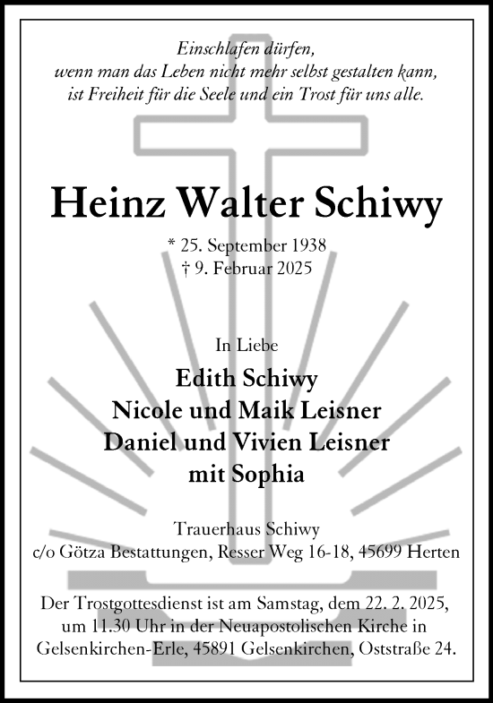 Traueranzeige von Heinz Walter Schiwy von Trauer Vest