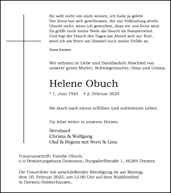 Traueranzeige von Helene Obuch von Ruhr Nachrichten und Dorstener Zeitung
