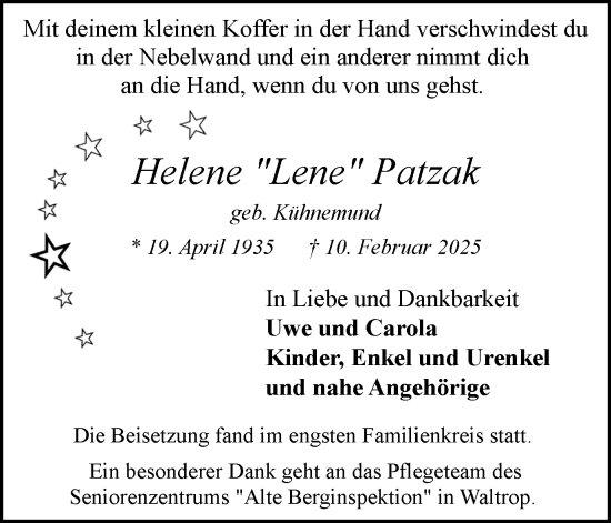 Traueranzeige von Helene Patzak von Trauer Vest