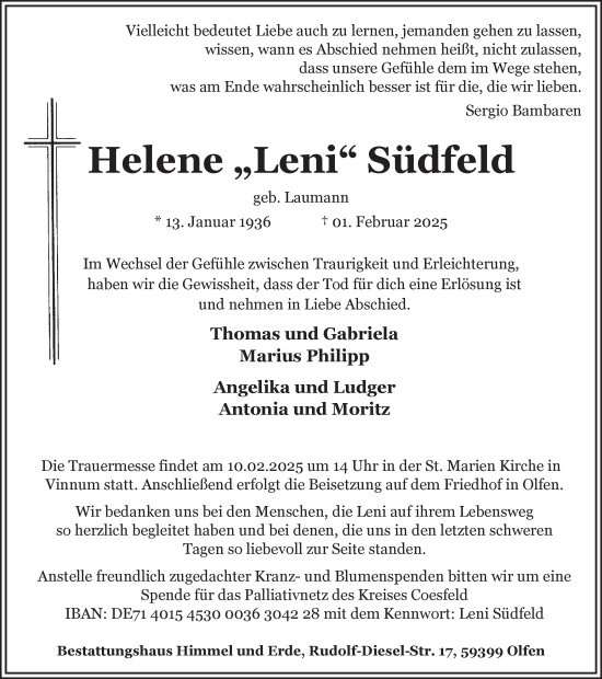 Traueranzeige von Helene Südfeld von Ruhr Nachrichten