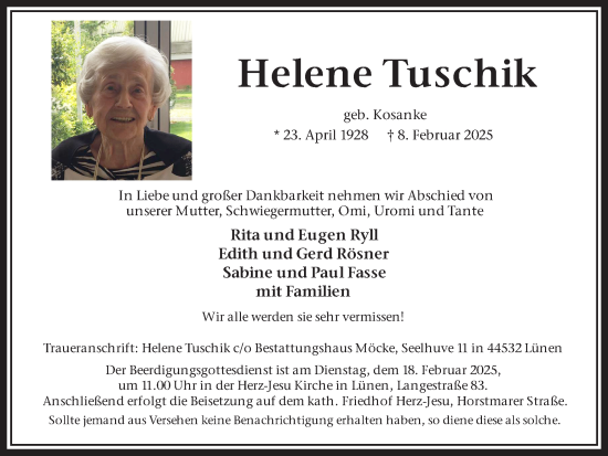 Traueranzeige von Helene Tuschik von Ruhr Nachrichten