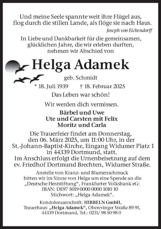 Traueranzeige von Helga Adamek von Ruhr Nachrichten