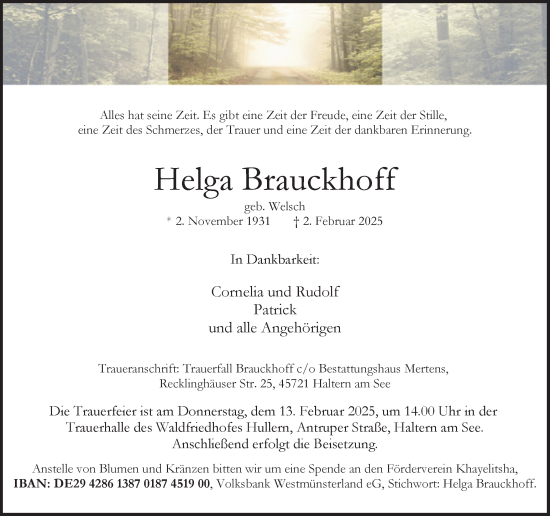 Traueranzeige von Helga Brauckhoff von Ruhr Nachrichten und Halterner Zeitung