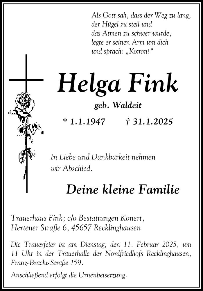  Traueranzeige für Helga Fink vom 05.02.2025 aus Trauer Vest
