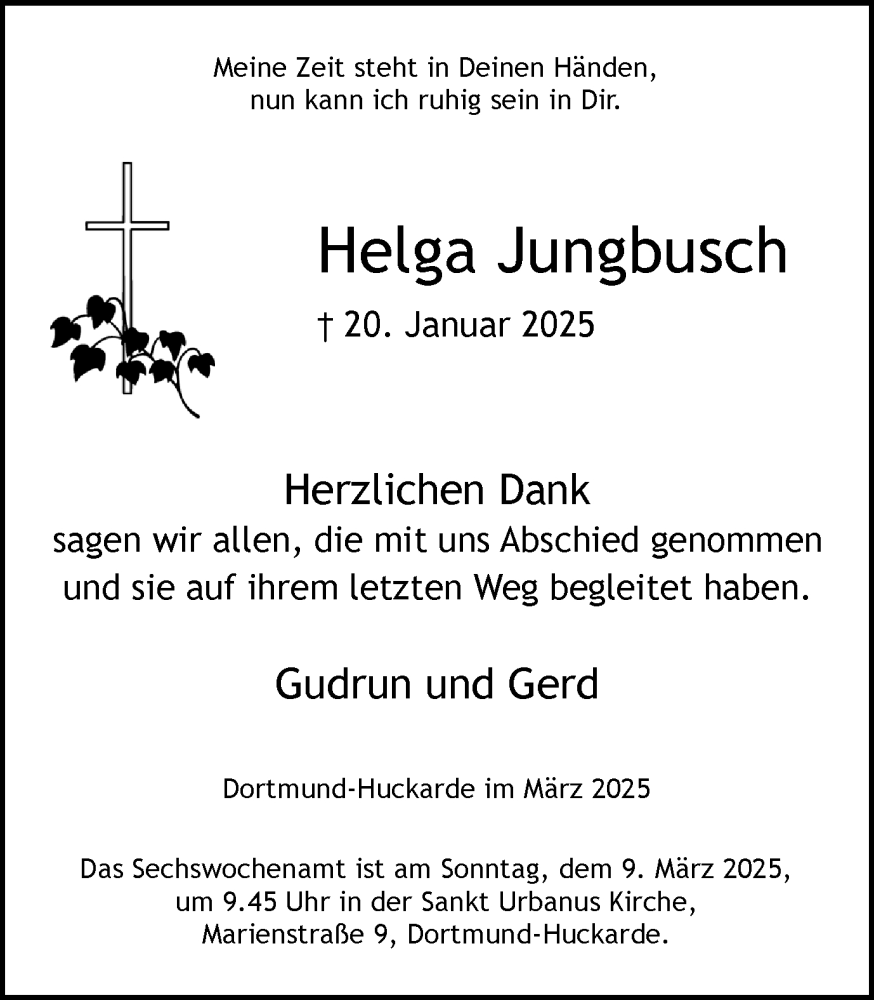  Traueranzeige für Helga Jungbusch vom 01.03.2025 aus Ruhr Nachrichten