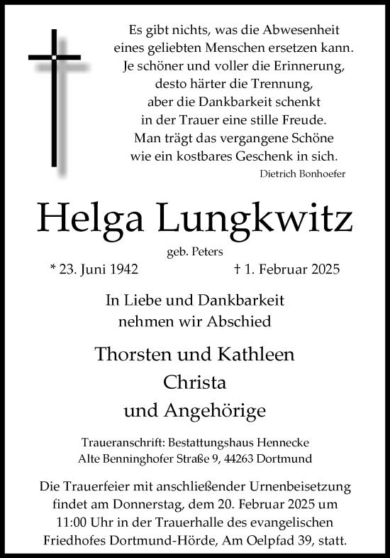 Traueranzeige von Helga Lungkwitz von Ruhr Nachrichten