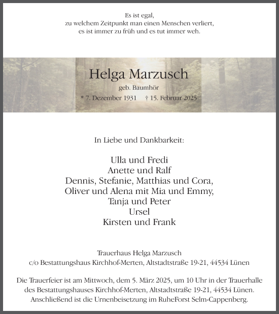 Traueranzeige von Helga Marzusch von Ruhr Nachrichten
