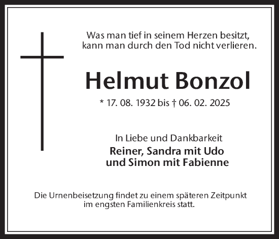 Traueranzeige von Helmut Bonzol von Trauer Vest