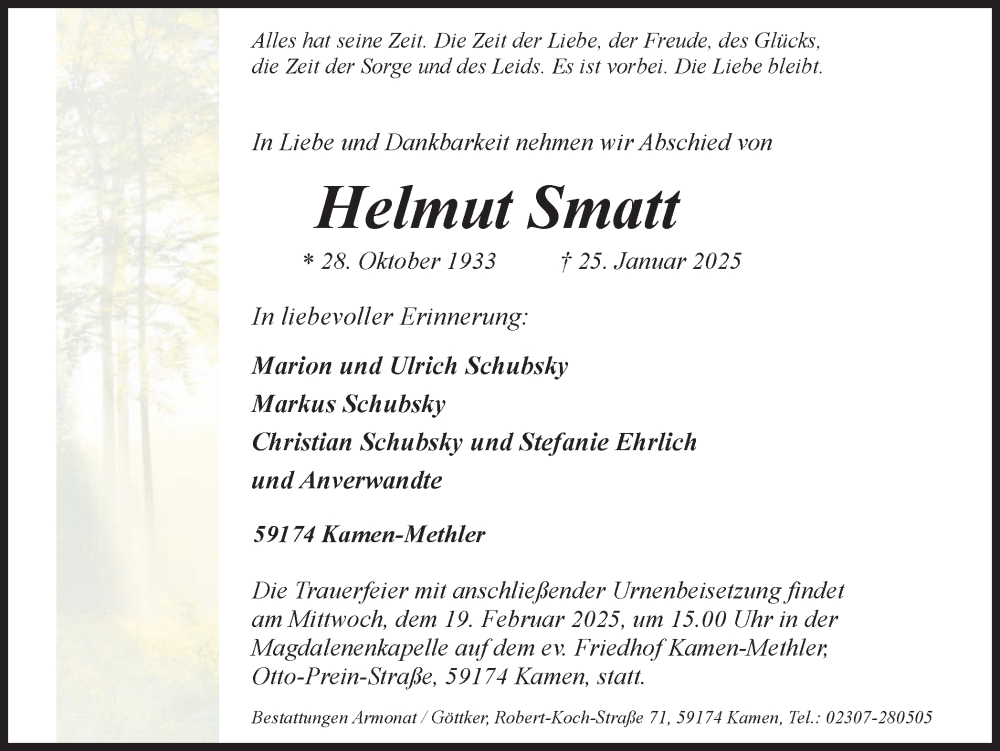  Traueranzeige für Helmut Smatt vom 08.02.2025 aus Hellweger Anzeiger