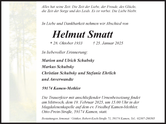 Traueranzeige von Helmut Smatt von Hellweger Anzeiger