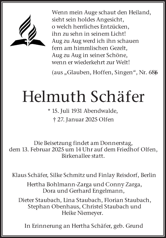 Traueranzeige von Helmuth Schäfer von Ruhr Nachrichten