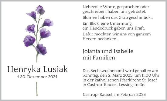 Traueranzeige von Henryka Lusiak von Stadtanzeiger Castrop-Rauxel