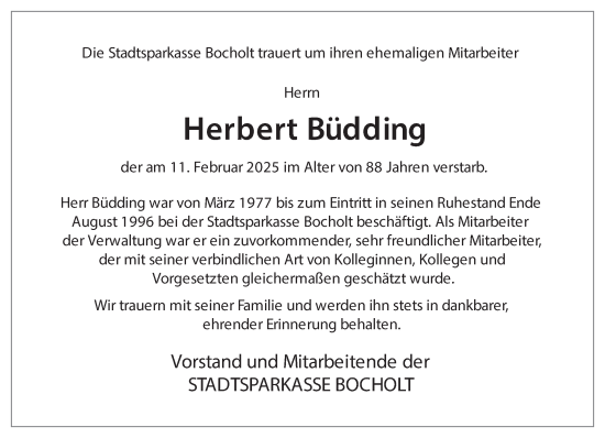 Traueranzeige von Herbert Büdding 