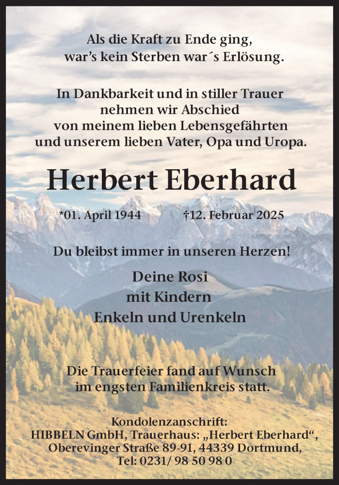  Traueranzeige für Herbert Eberhard vom 22.02.2025 aus Ruhr Nachrichten
